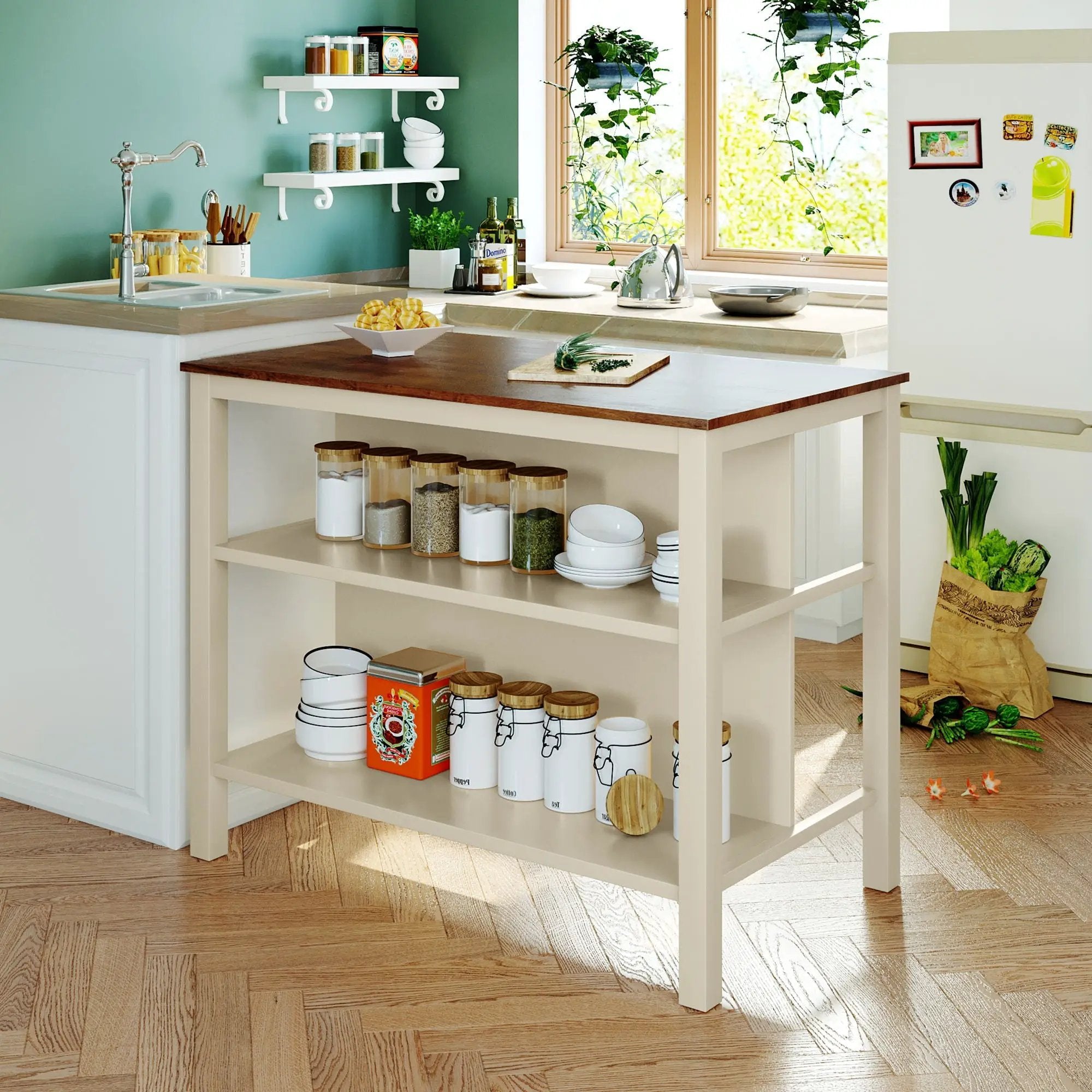Rustic 3 Piece Stationary Kitchen Island Set With 2 Seatings, With 2 Open Shelves by Unique Piece Furniture