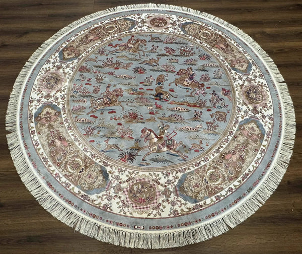 Round Silk Rug 6x6, Hunting Design, Bamboo Silk, Animal Pictorials, photo 2 of 12