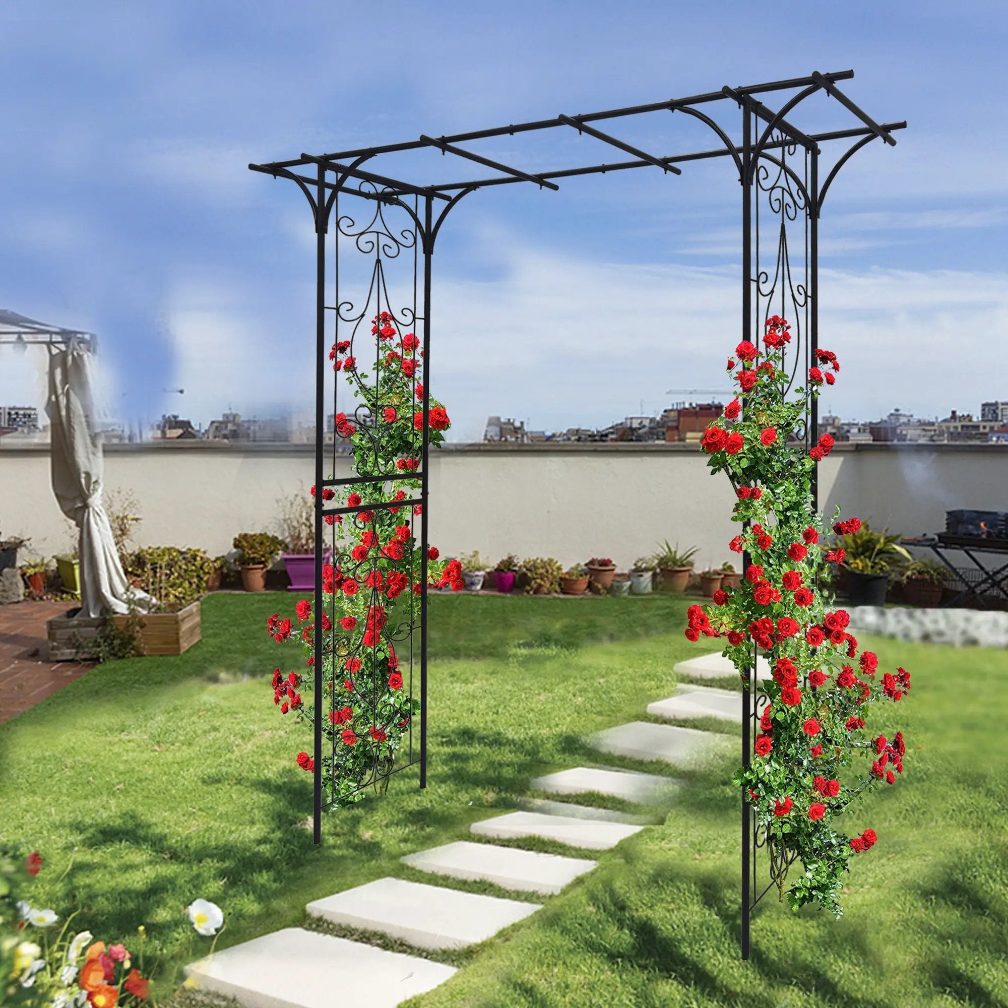 Metal Garden Arch Climbing Plants Support Rose Arch Outdoor - Black by Unique Piece Furniture