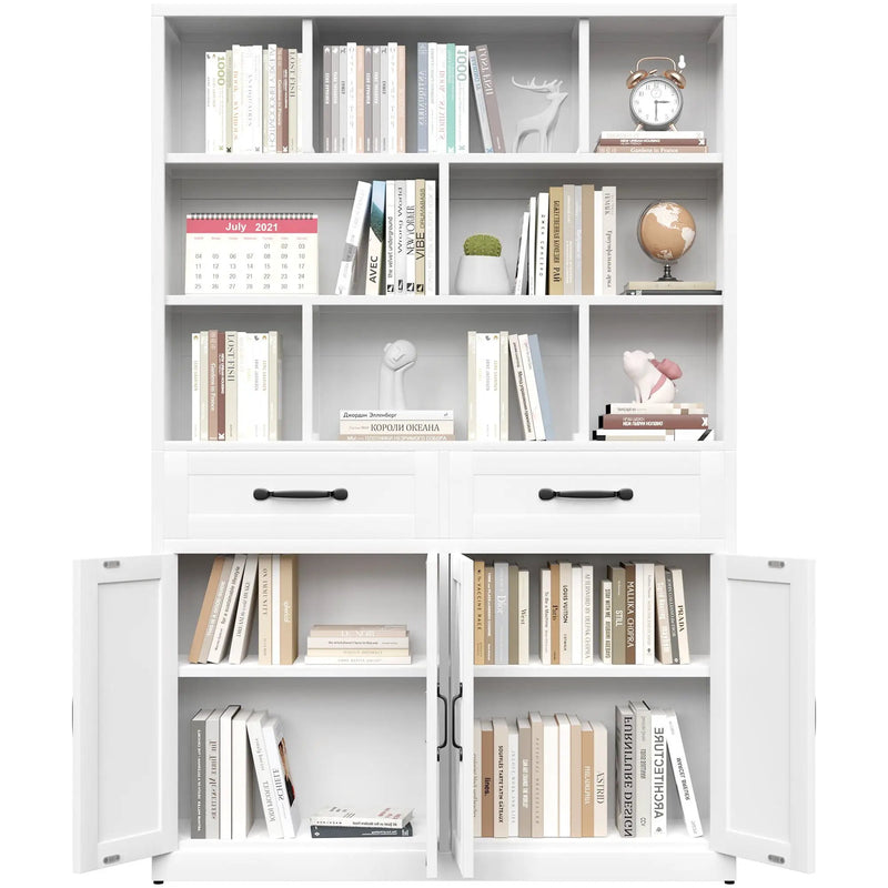 Bookcase Tall With 2 Doors & 2 Drawers, Fixed Open Shelves - White by HouseOfZazla