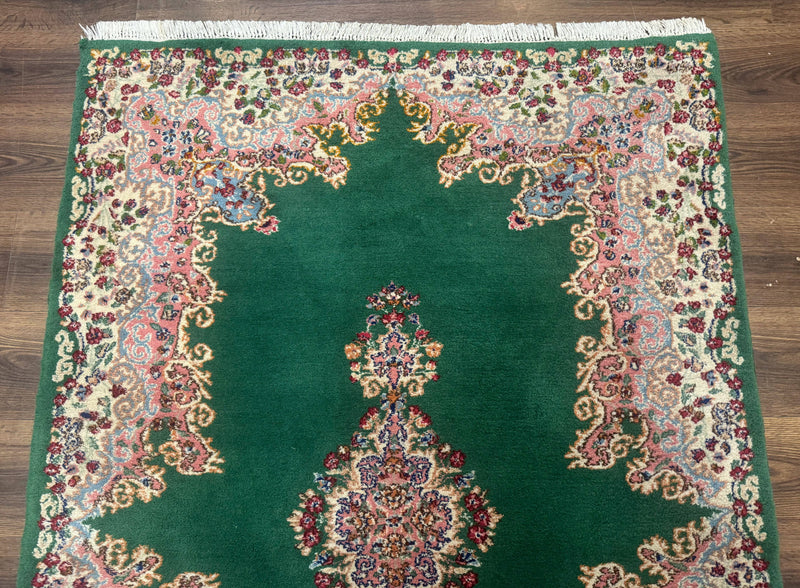Green Persian Kerman Rug 4x6, Semi Open Field, Green & Cream, Vintage by Jewel Rugs