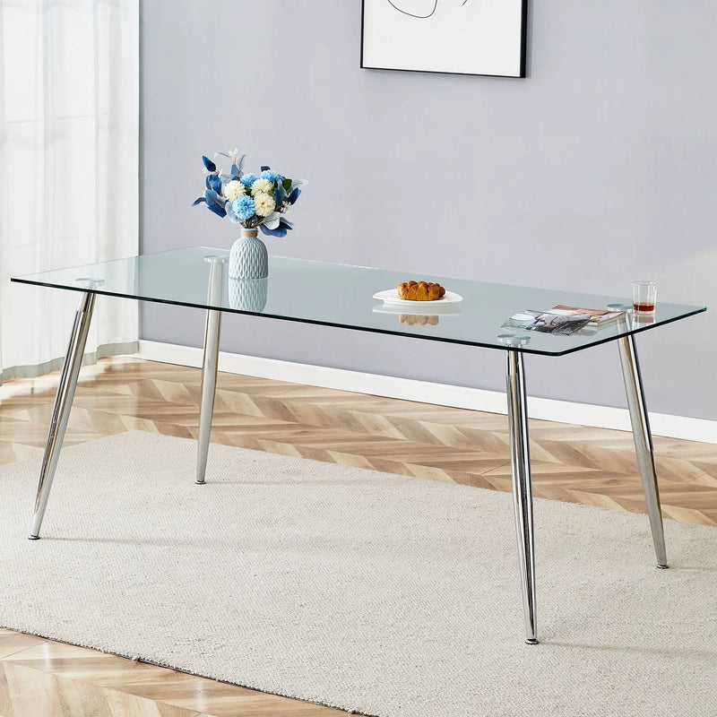Modern Rectangular Glass Dining Table For 4-6 People With Tempered Glass Countertop by HouseOfZazla