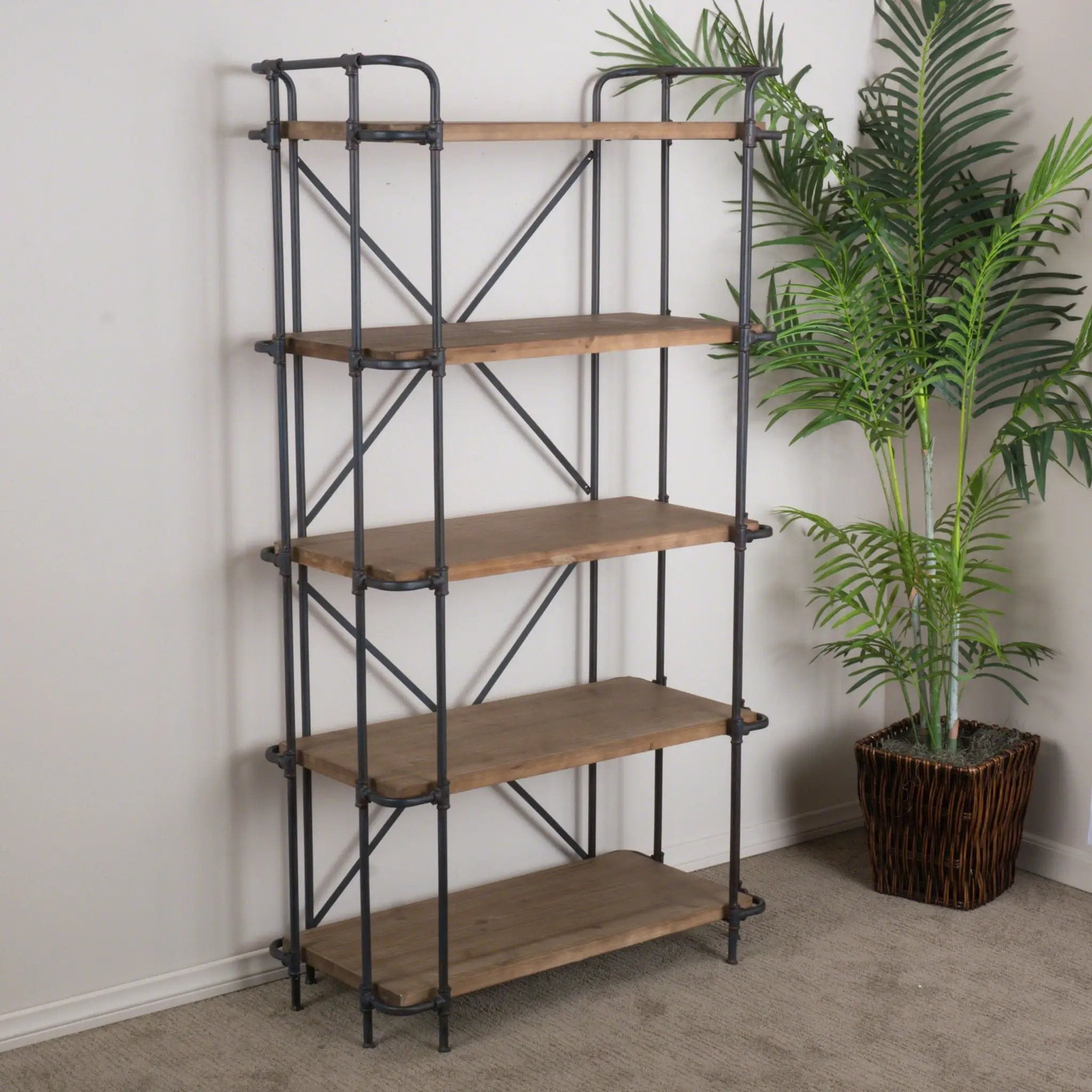 Yorktown Industrial 5 Shelf Bookcase with Metal Pipework and Solid Fir - Natural by HouseOfZazla