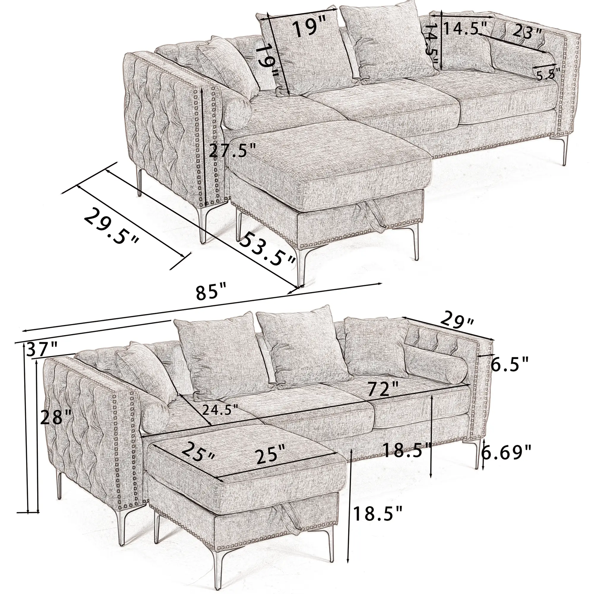 L Shaped Sectional Convertible Sofa with Storage Ottoman and Modern Tufted style by BLAKHOM