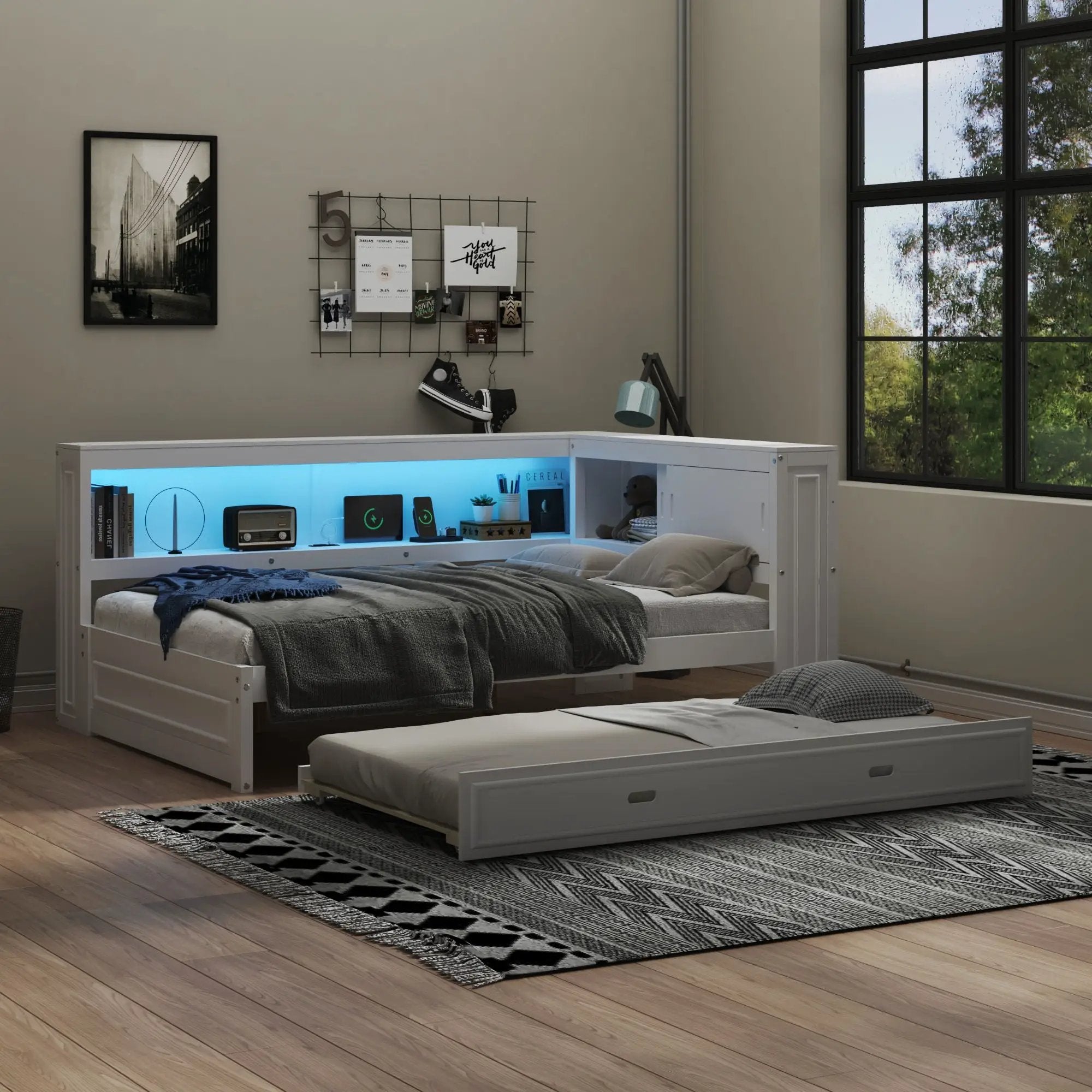 Daybed With Storage Shelves, LED, USB, And Trundle by Unique Piece Furniture