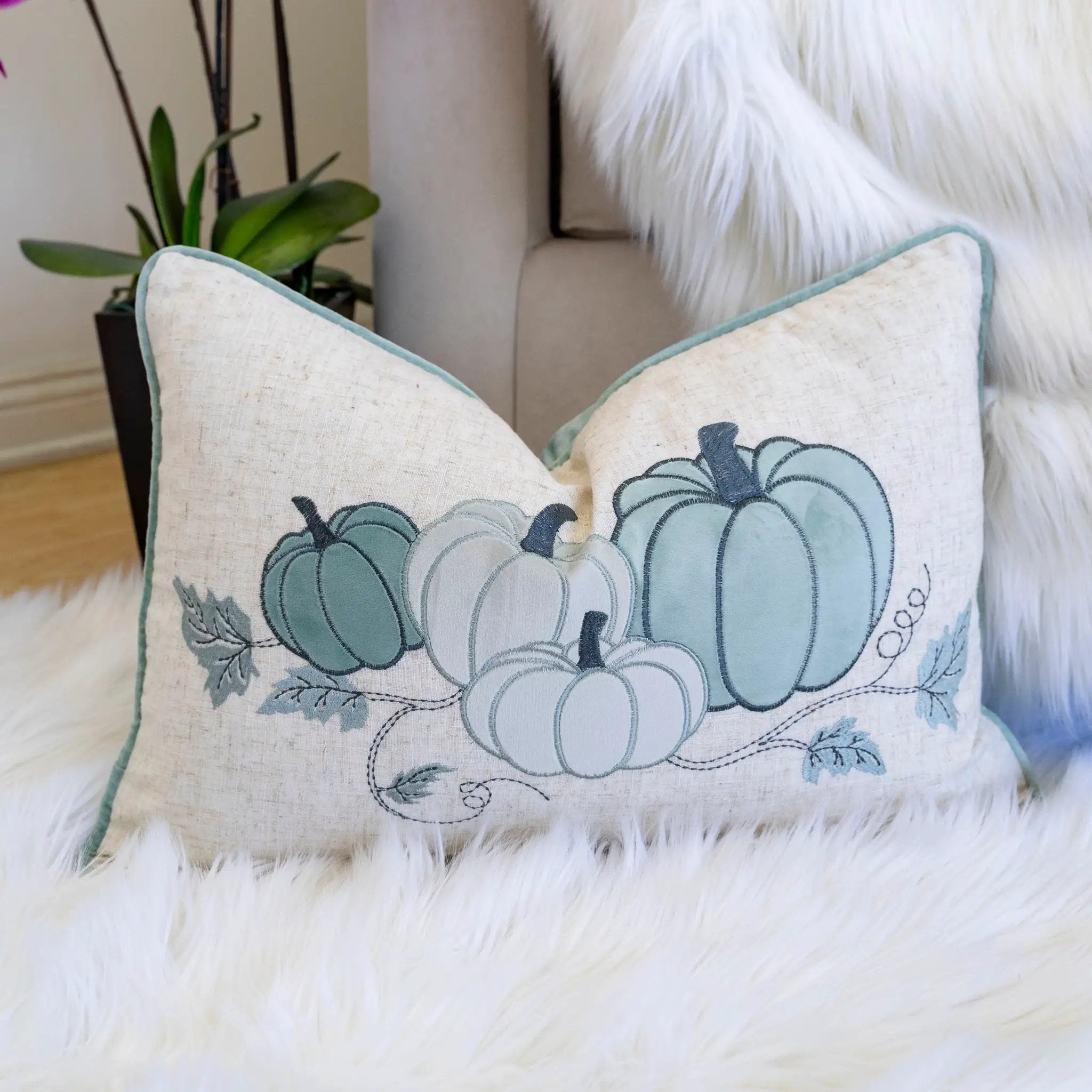 Embroidered Pumpkin Lumbar Throw Pillow – Misty by HouseOfZazla