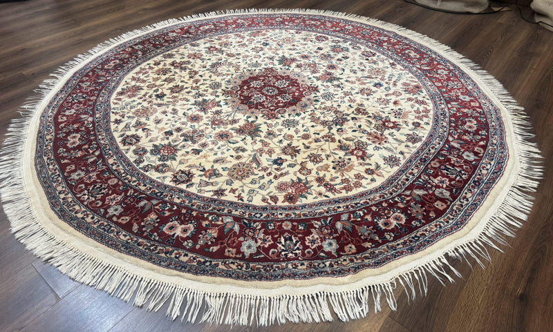 Round Sino Persian Rug 8x8, Wool and Silk, Floral Medallion, Ivory Dark Red by Jewel Rugs