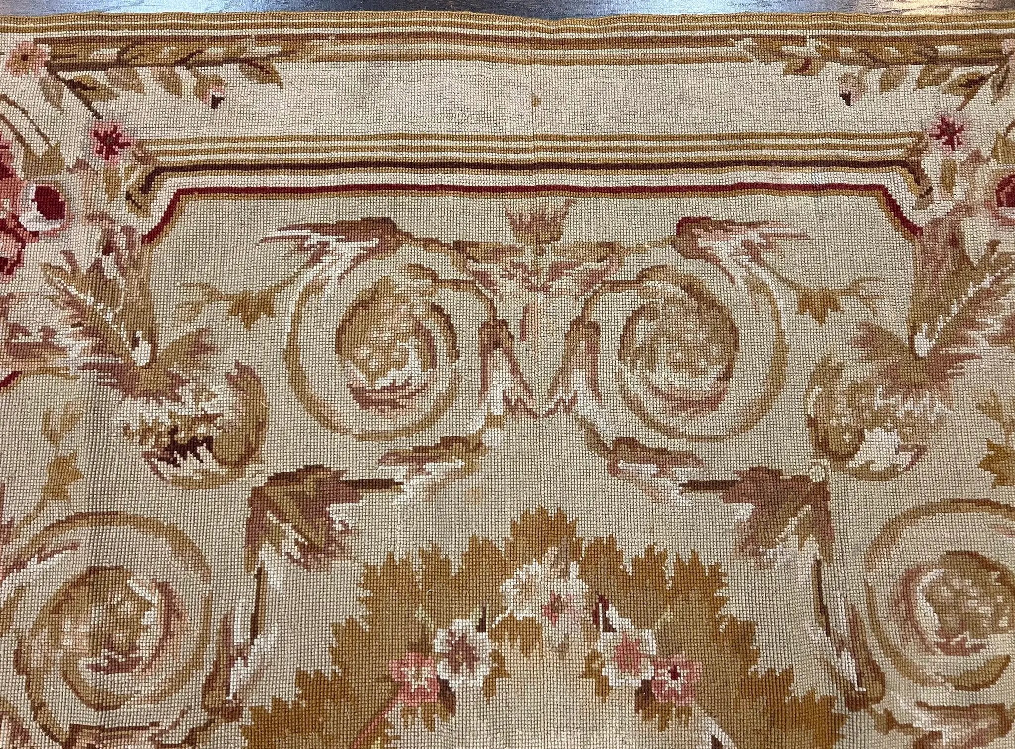 Aubusson Needlepoint Rug 4x5 ft, Beige and Tan, Aubusson Savonnerie Vintage Carpet, Handwoven Handmade Wool Rug, European Design Floral Rose by Jewel Rugs