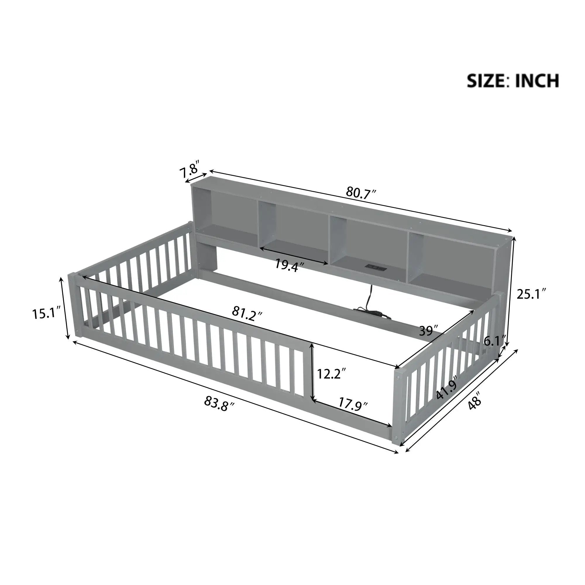 Twin Long Floor Bed With Storage Cabinets And USB Ports - Gray by Unique Piece Furniture