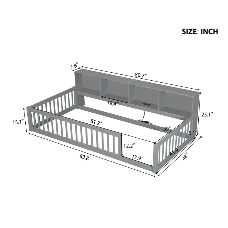 Twin Long Floor Bed With Storage Cabinets And USB Ports - Gray by HouseOfZazla