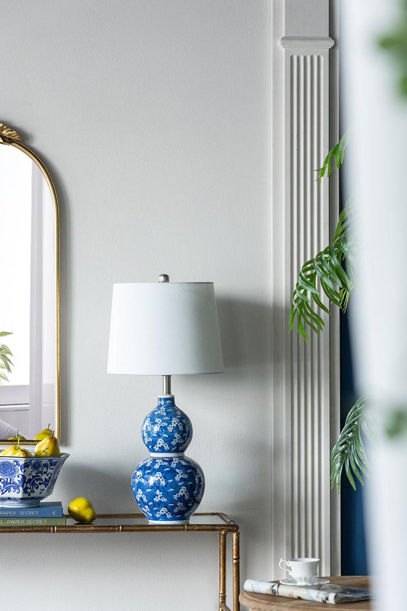 D13x25.7' Blue and White Round Two-Tiered Ceramic Vase Lamp by HouseOfZazla
