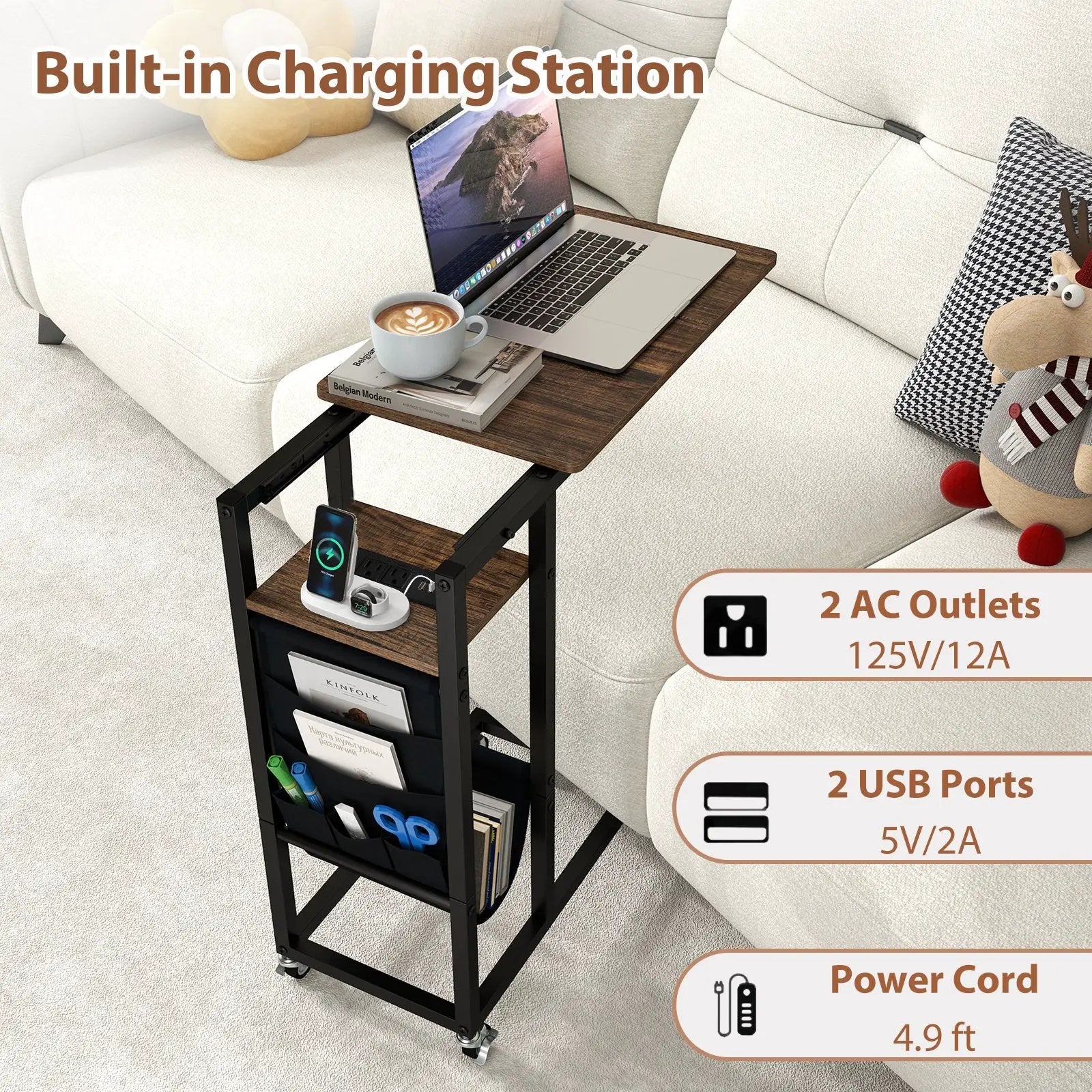 C-shaped End Table with Charging Station and Retractable Tabletop-Coffee by DirectDeals