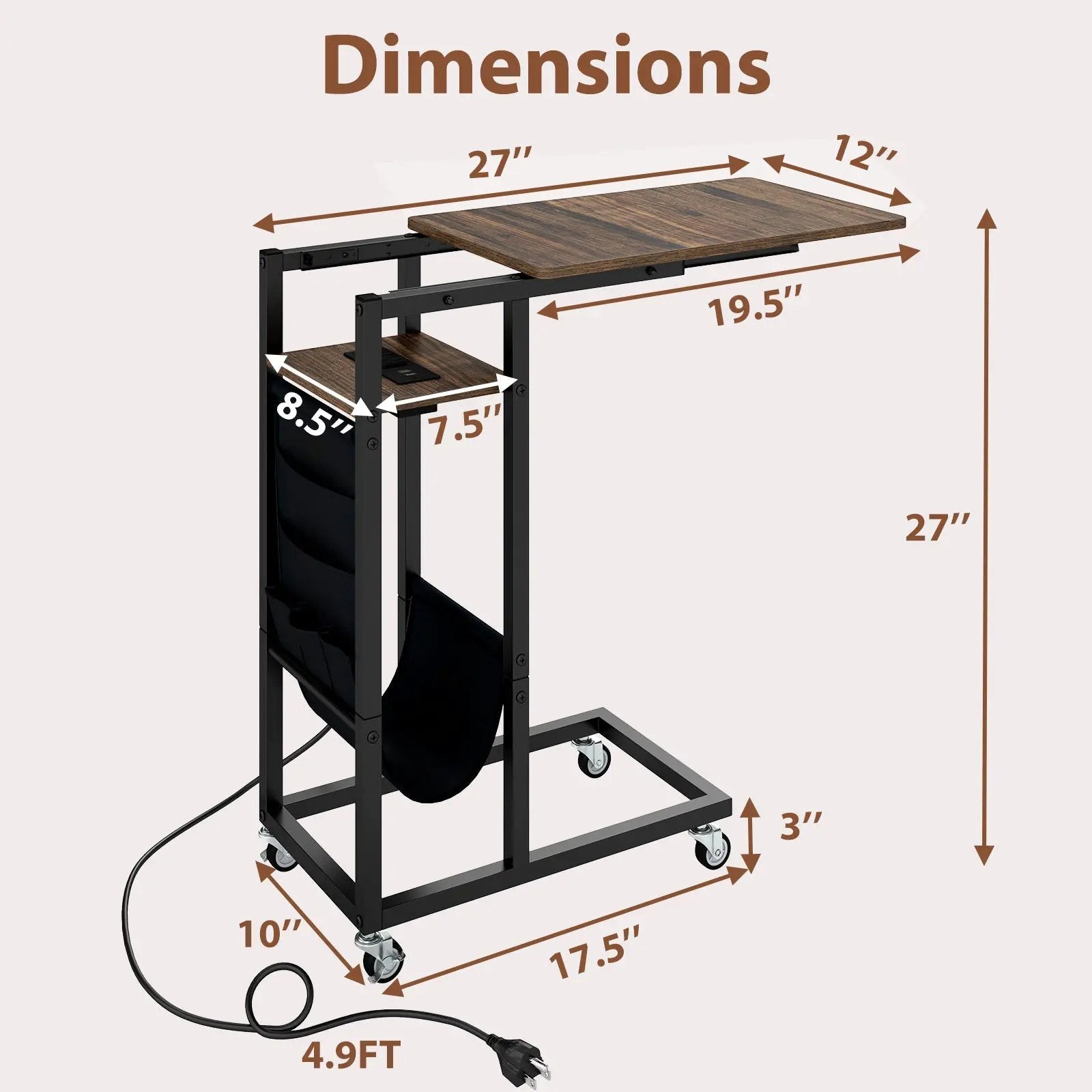 C-shaped End Table with Charging Station and Retractable Tabletop-Coffee by DirectDeals