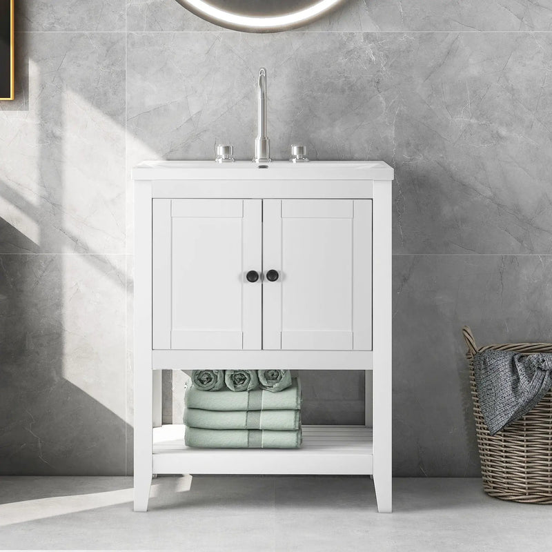 Modern Sleek Bathroom Vanity Elegant Ceramic Sink With Solid Wood Frame Open Style Shelf - White by Unique Piece Furniture