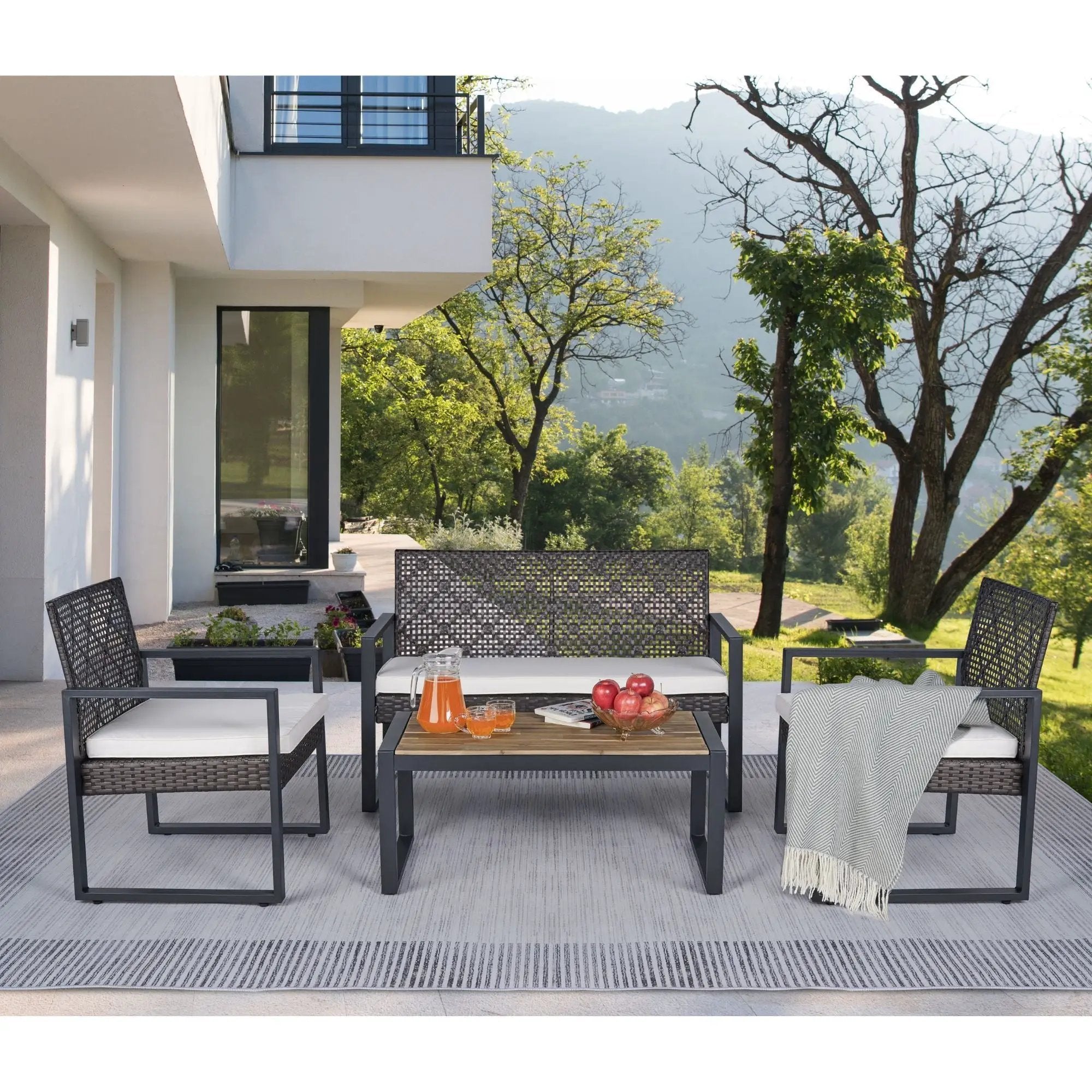 4 Piece Patio Furniture Set With Acacia Wood Table Top And Cushions by HouseOfZazla