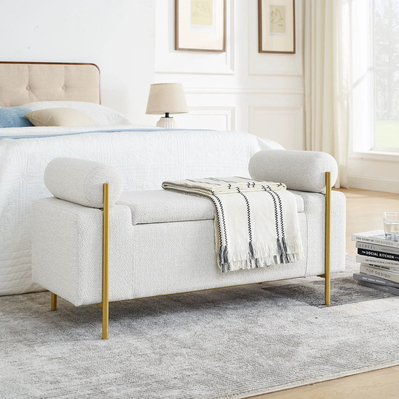 Elegant Upholstered Storage Bench With Cylindrical Arms And Iron Legs, by Unique Piece Furniture