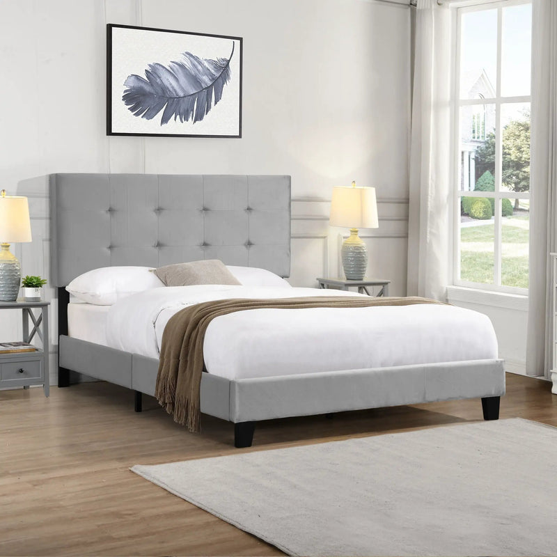 Full Size Upholstered Platform Bed Frame With Pull Point Tufted Headboard, Strong Wood Slat Support, Mattress Foundation, No Box Spring Needed - Gray by Unique Piece Furniture