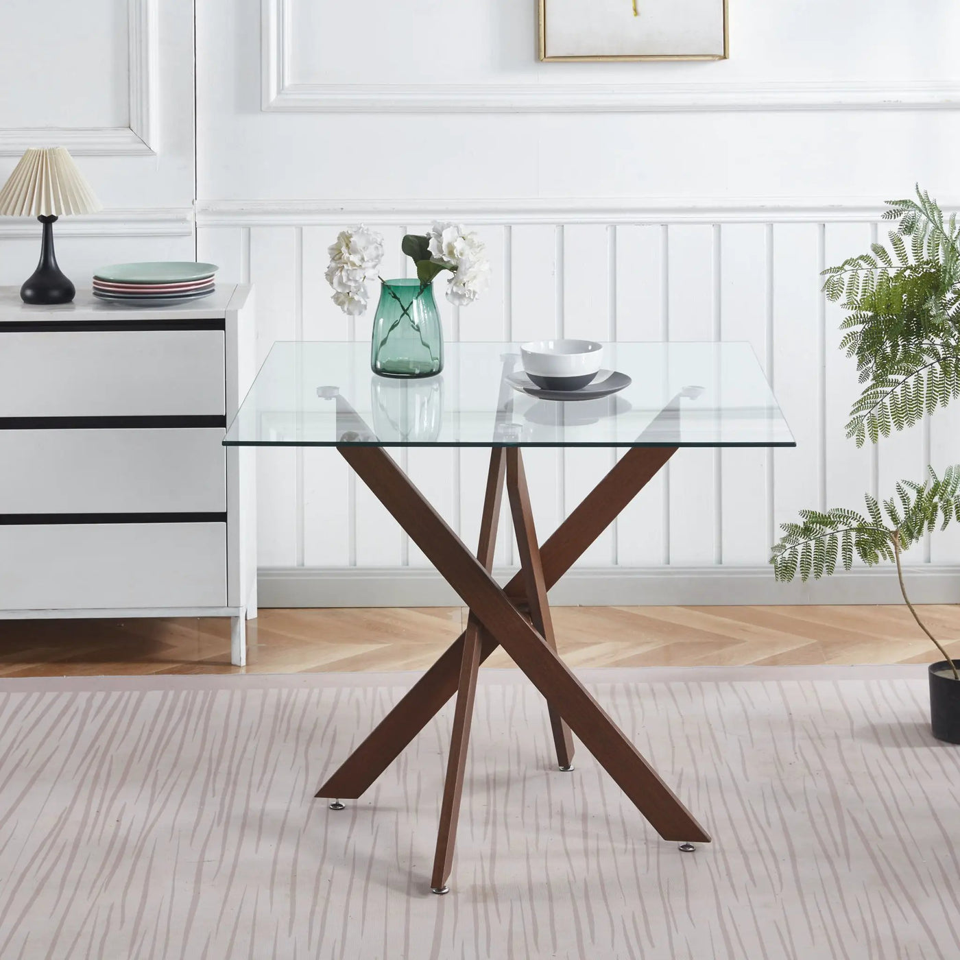 Dining Table With Cross Metal Leg And Tempered Glass, Modern Space Saving Kitchen Table For Living Room Legs, Square Table by Unique Piece Furniture