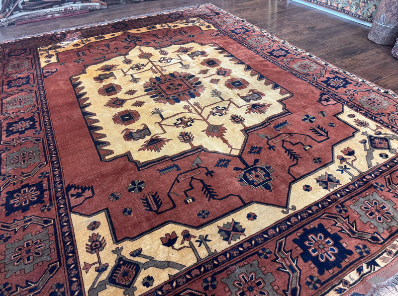 Afghan Heriz Rug 9x12, Tribal Geometric Serapi Carpet, Rust Cream and Navy, Wool on Wool by Jewel Rugs