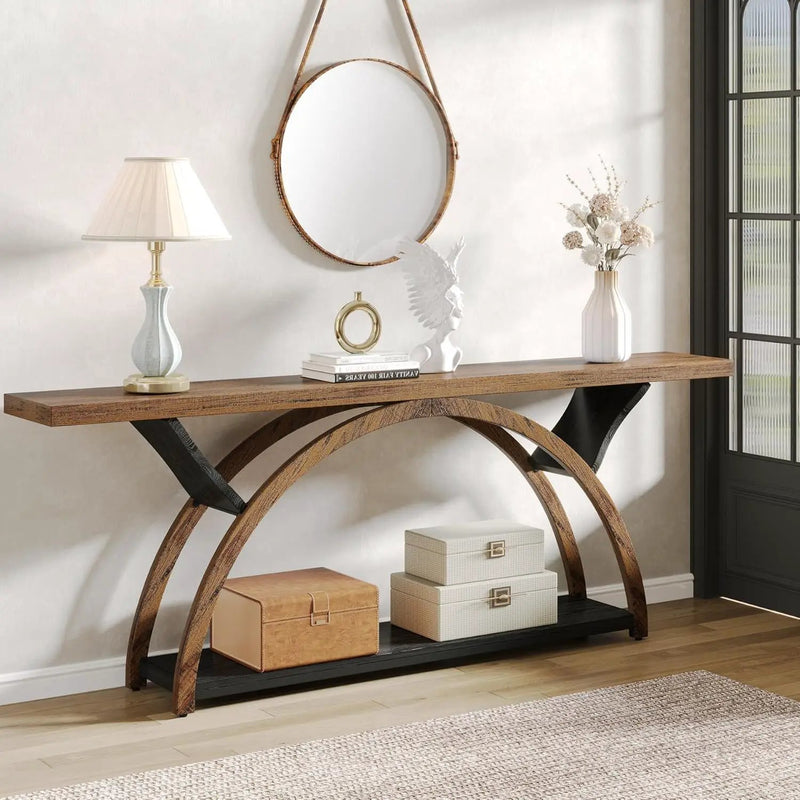 Console Table With 2 Tier Storage And Half Moon Frame For Hallway - Brown / Black by HouseOfZazla