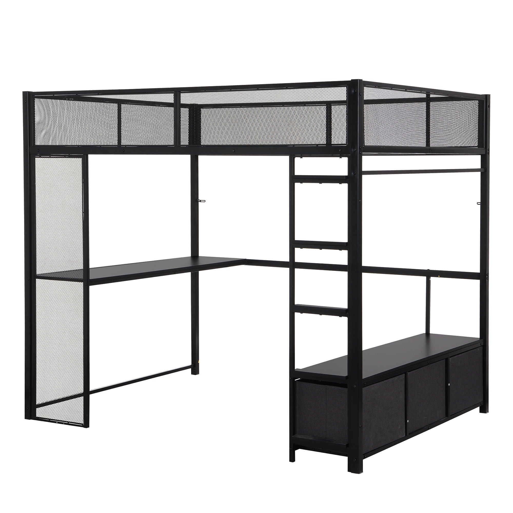 Full Size Gaming Loft Bed With LED Desk, Open Wardrobe, 3 Linen Storage Drawers - Black by HouseOfZazla
