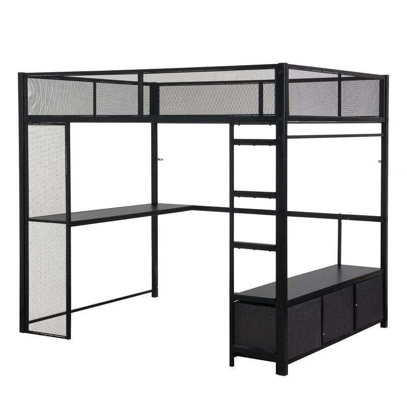 Full Size Gaming Loft Bed With LED Desk, Open Wardrobe, 3 Linen Storage Drawers - Black by HouseOfZazla