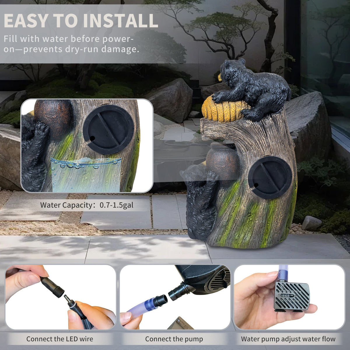 Resin Black Bear Outdoor Water Fountain with LED Lights, photo 13 of 13