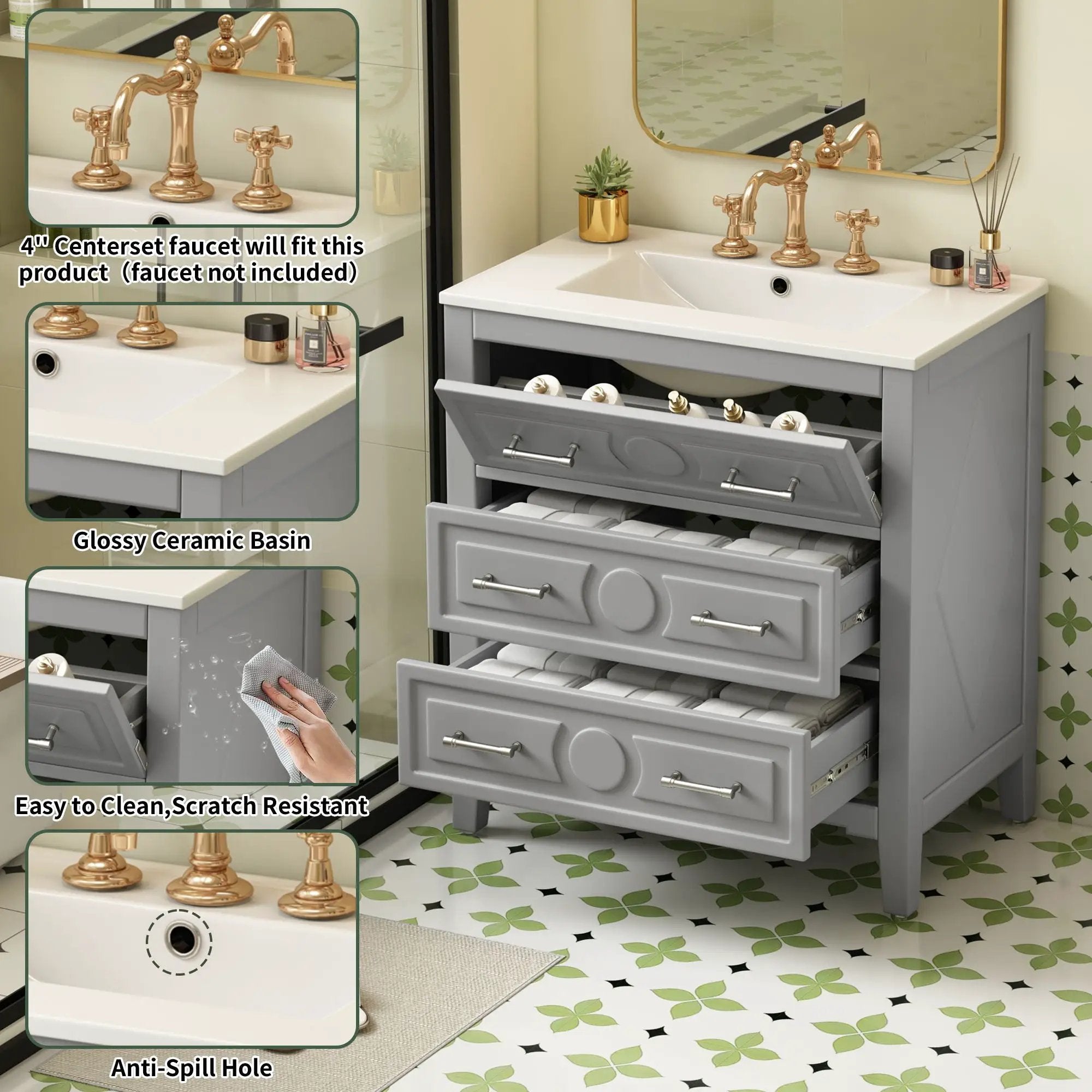 Retro Bathroom Vanity With Sink Combo, Free Standing Single Set With 3 Drawers by Unique Piece Furniture