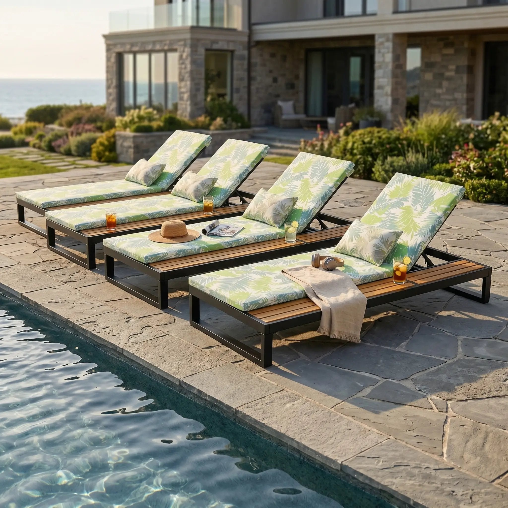 Black Iron & Teak Finish Chaise Lounge Set by HouseOfZazla