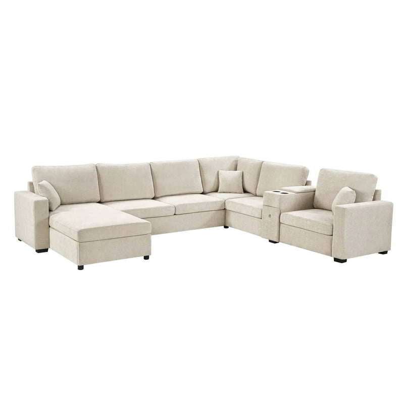 Modular 5 Seat U-Shape Sectional Sofa With Chaise Lounge, Built In Cup Holders And Storage Drawer by Unique Piece Furniture