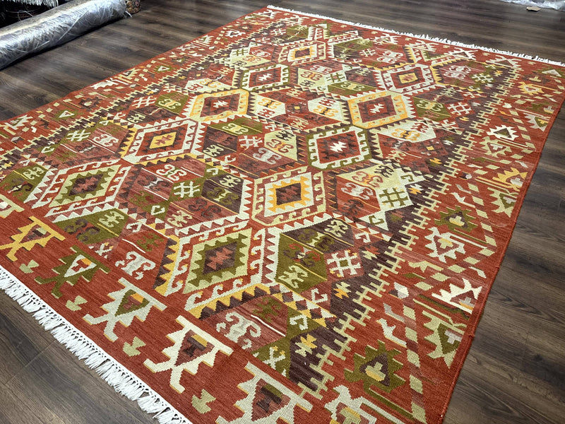 Turkish Kilim Rug 8x10, Geometric Design, Large Kilim Carpet by Jewel Rugs