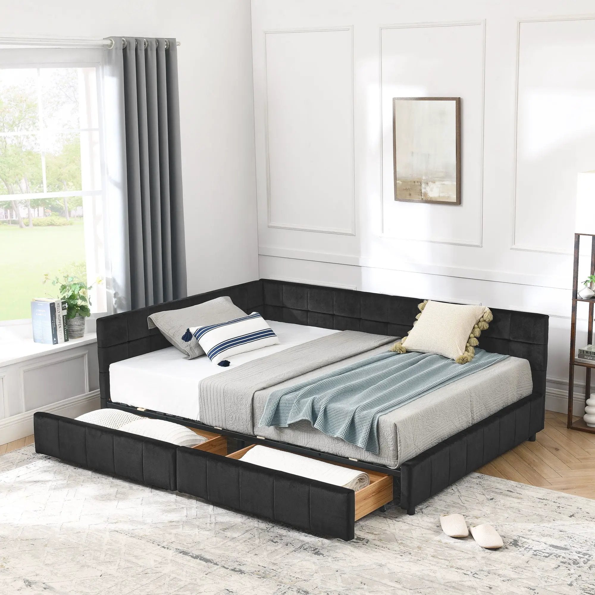 Mid-Century Storage Upholstered Tufted Bed Frame With Backrest And Armrests by HouseOfZazla