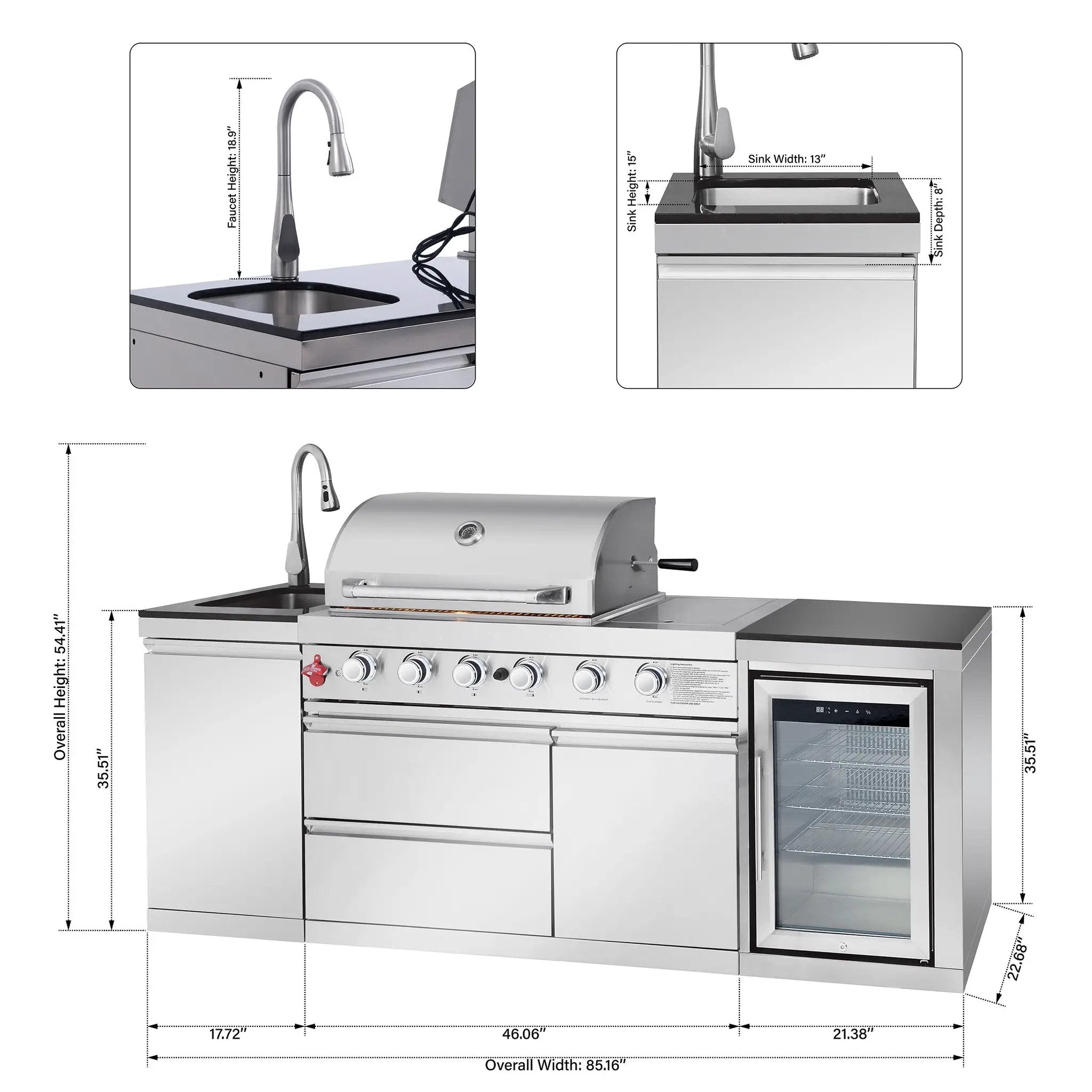 85.2" 4+1 Burner 71500 BTU Silver Outdoor Kitchen Island Grill + Sink + Refrigerator by Chery Industrial