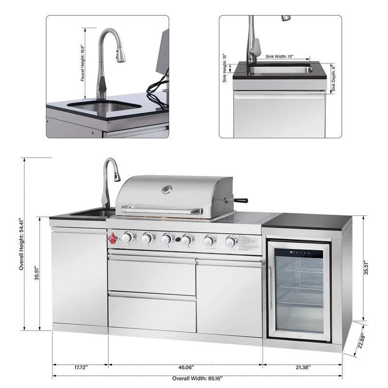 85.2" 4+1 Burner 71500 BTU Silver Outdoor Kitchen Island Grill + Sink + Refrigerator by Chery Industrial