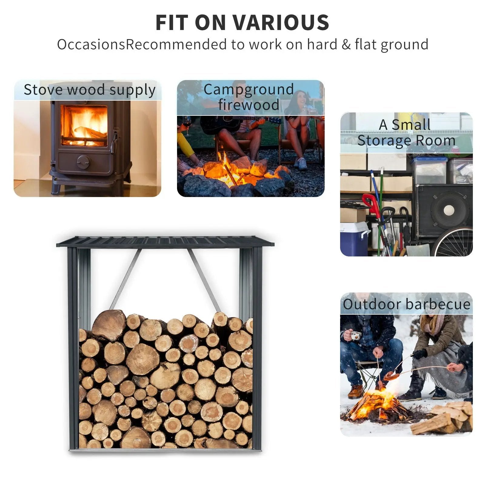 Outdoor Meta Firewood Rack, Open Wood Shed For Firewood, Pellet, Or Lumber Storage - Black by HouseOfZazla