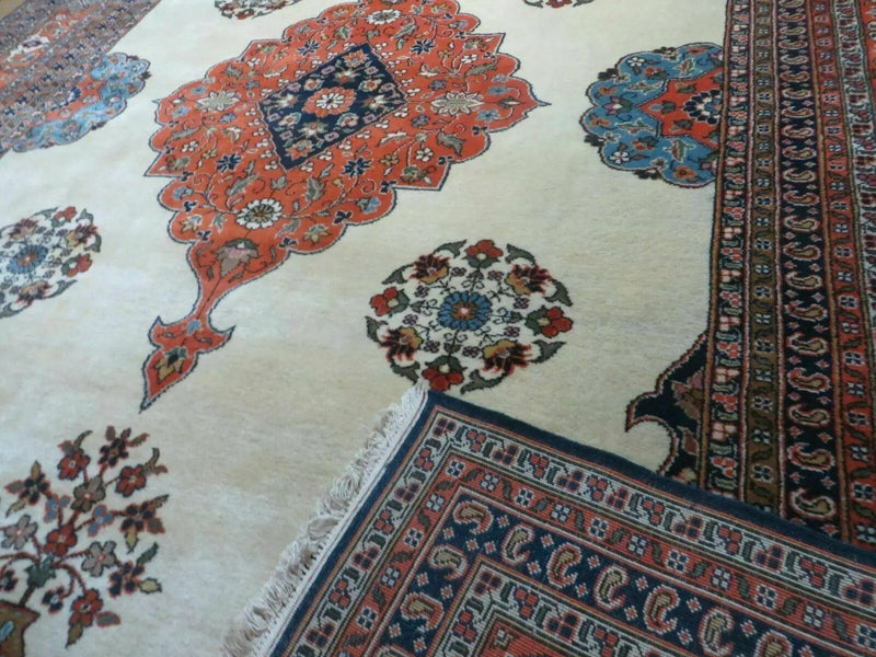 Indo Persian Rug 9x12, Semi Open Field Medallion, Ivory Tomato Red Navy Blue, Hand Knotted Indian Oriental Wool Carpet 9 x 12 ft, Room Sized by Jewel Rugs