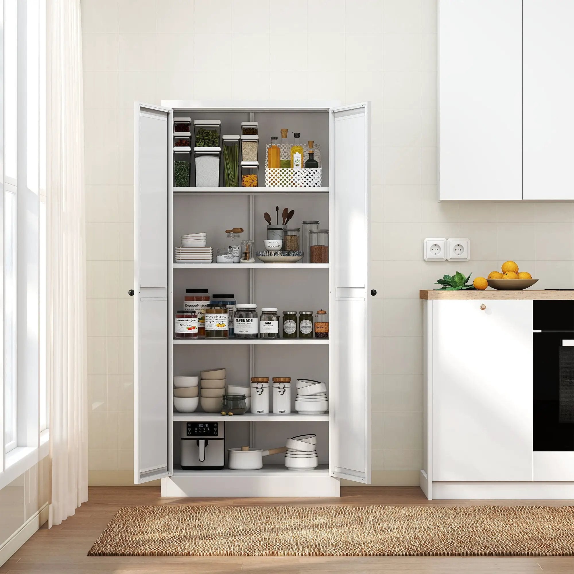 Metal Kitchen Pantry Cabinet With Adjustable Storage And 4 Heavy Duty Shelves - White by Unique Piece Furniture