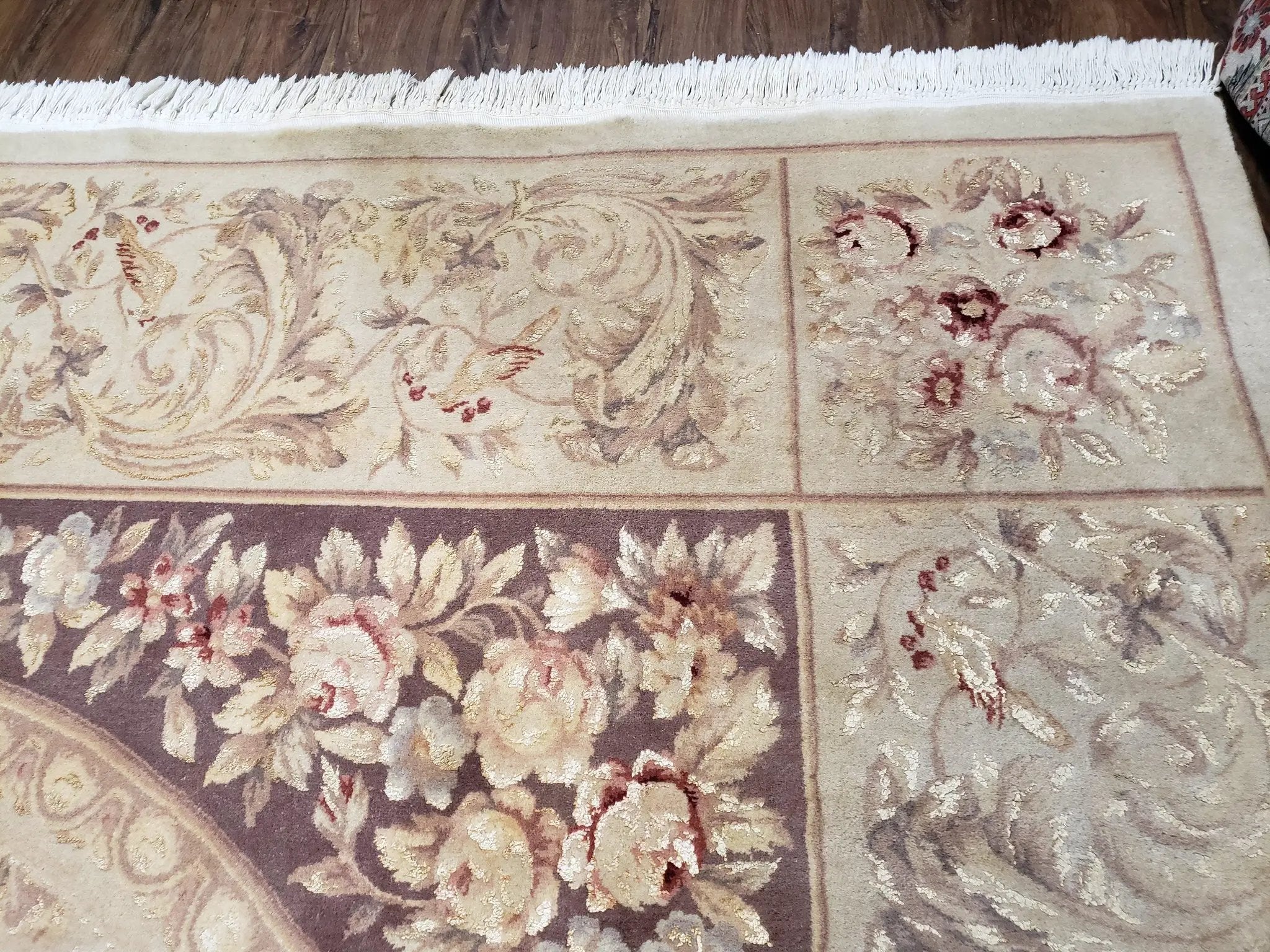 Chinese Aubusson Savonnerie Area Rug 8x12, Vintage 120 Line Carpet, Wool and Silk Hand-Knotted, Birds Flowers Master Weaver Signature by Jewel Rugs