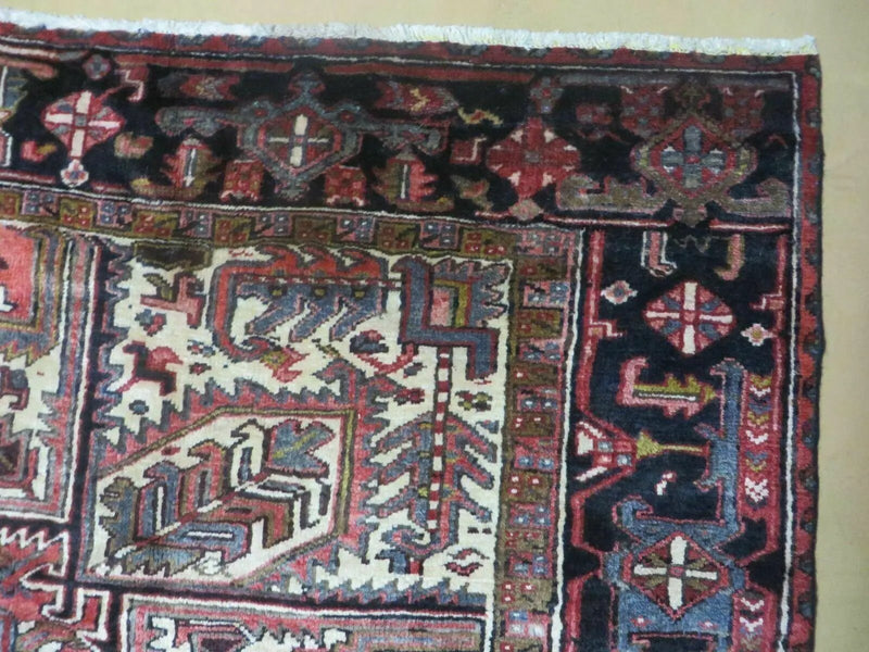 Persian Heriz Rug 8x12 Semi Antique Heriz Carpet, Room Sized Persian Carpet, Geometric Medallion, Wool, Hand Knotted, Red Ivory Dark Blue by Jewel Rugs