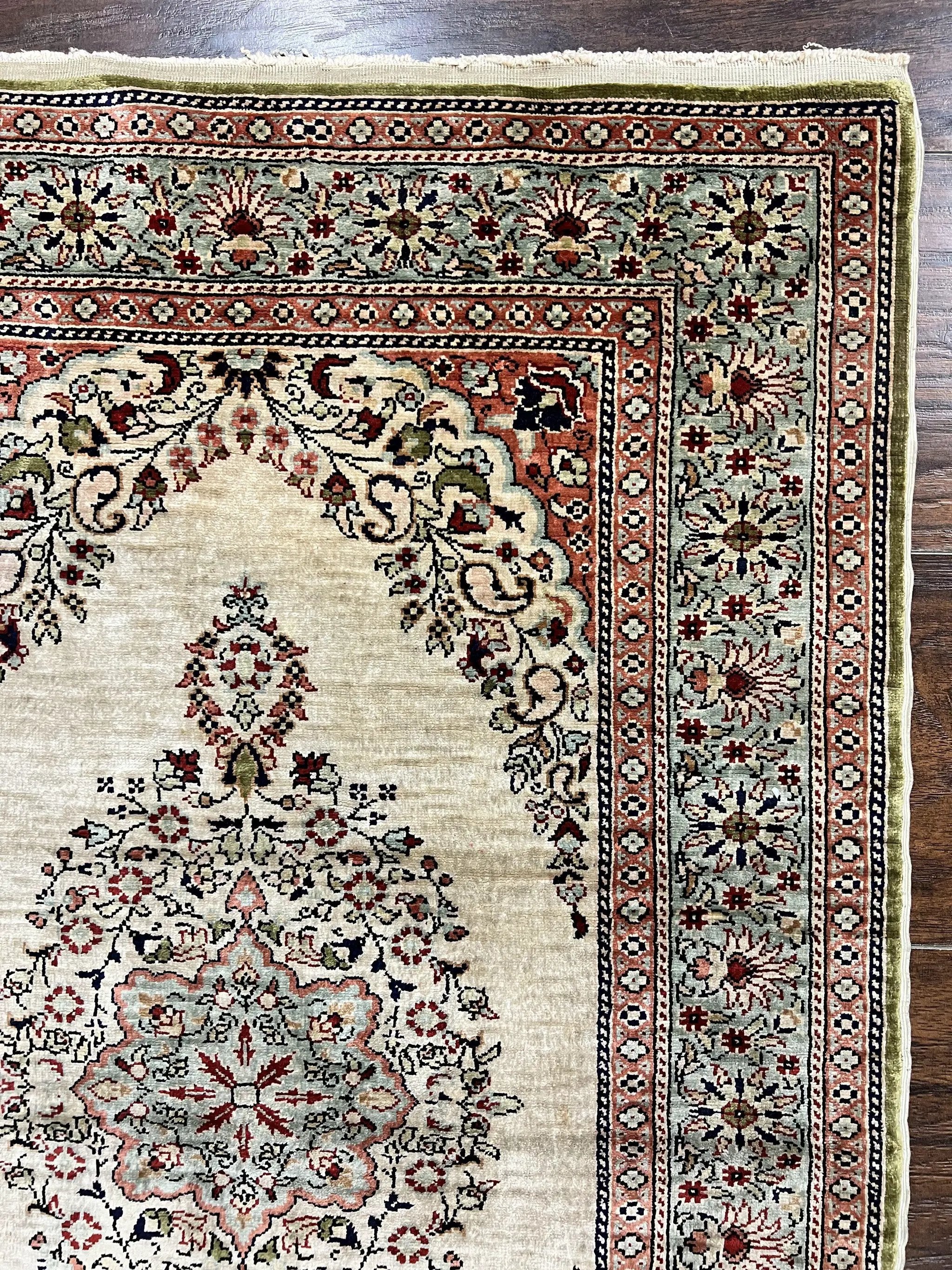 Silk Turkish Kayseri Rug 2x3, Very Finely Hand Knotted, Semi Open Field, Vintage, Silk Pile on Silk Foundation, 300 KPSI by Jewel Rugs