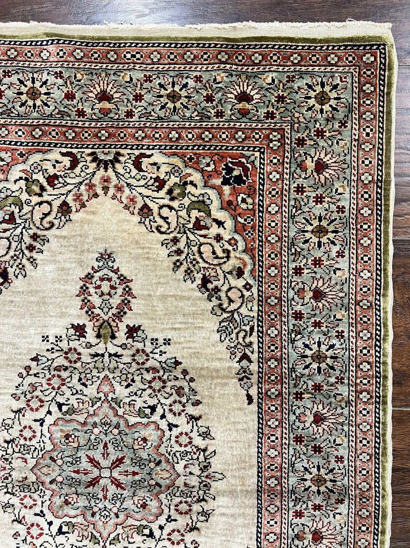 Silk Turkish Kayseri Rug 2x3, Very Finely Hand Knotted, Semi Open Field, Vintage, Silk Pile on Silk Foundation, 300 KPSI by Jewel Rugs
