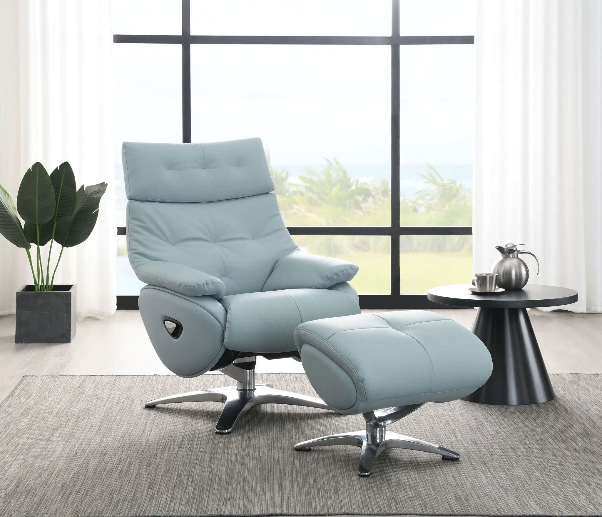 Janella - Top Grain Leather Accent Chair With Swivel & Ottoman - Baby Blue by Unique Piece Furniture