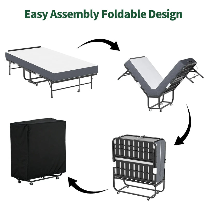 Twin Adjustable Headboard Folding Bed With Memory Foam Mattress, Heavy-Duty Frame Cot For Tall People, Portable Guest On Wheels - Black by Unique Piece Furniture