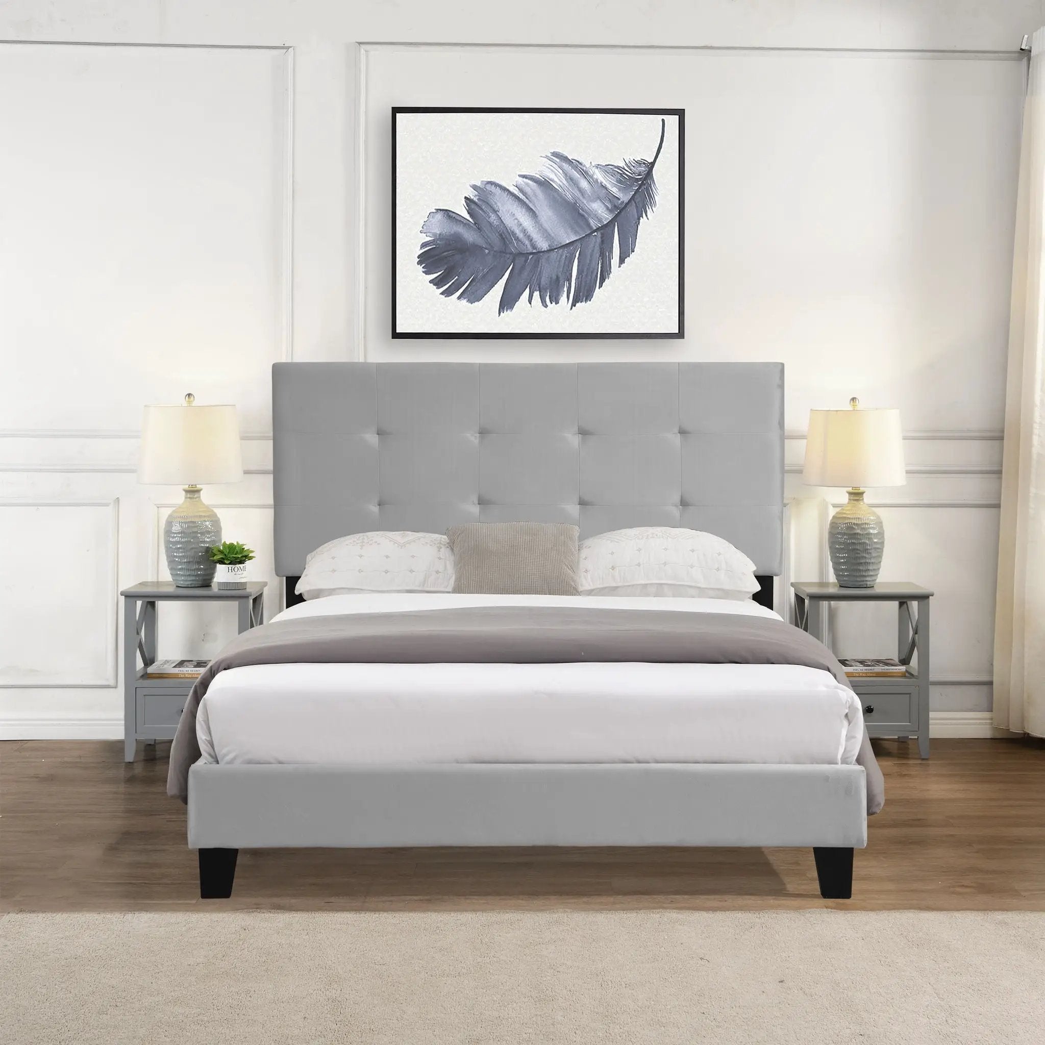 Queen Size Upholstered Platform Bed Frame With Pull Point Tufted Headboard, Strong Slat Support, Mattress Foundation, No Box Spring Needed - Gray by Unique Piece Furniture