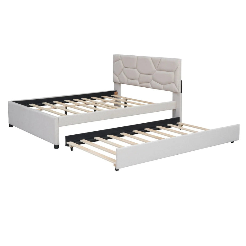 Upholstered Platform Bed With Brick Pattern Headboard And Twin Long Size Trundle by HouseOfZazla