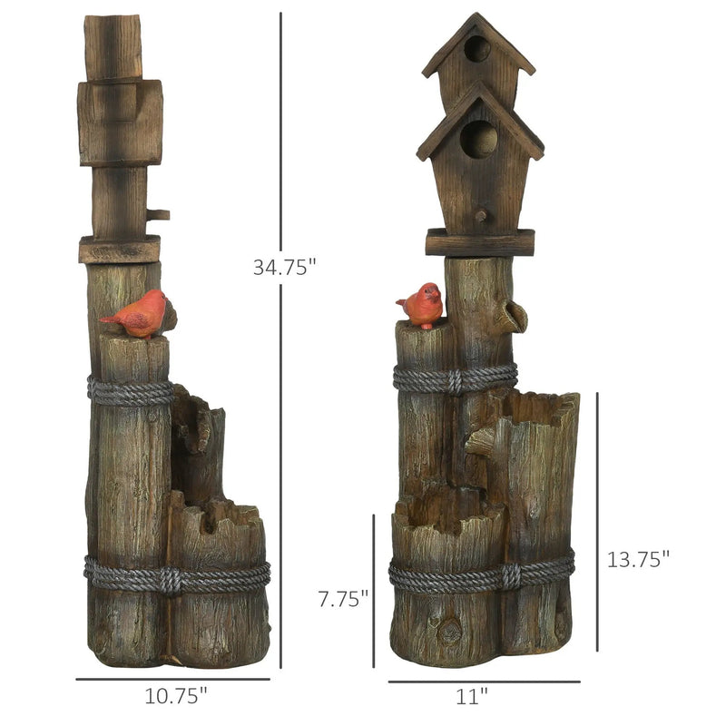 Outsunny - Outdoor Fountain With Birdhouse, Cascading Garden Waterfall Bird Bath With 3 Tier Rustic Tree Trunk / Log Design, LED Lights For Porch, Deck, Yard Decor - Brown by Unique Piece Furniture