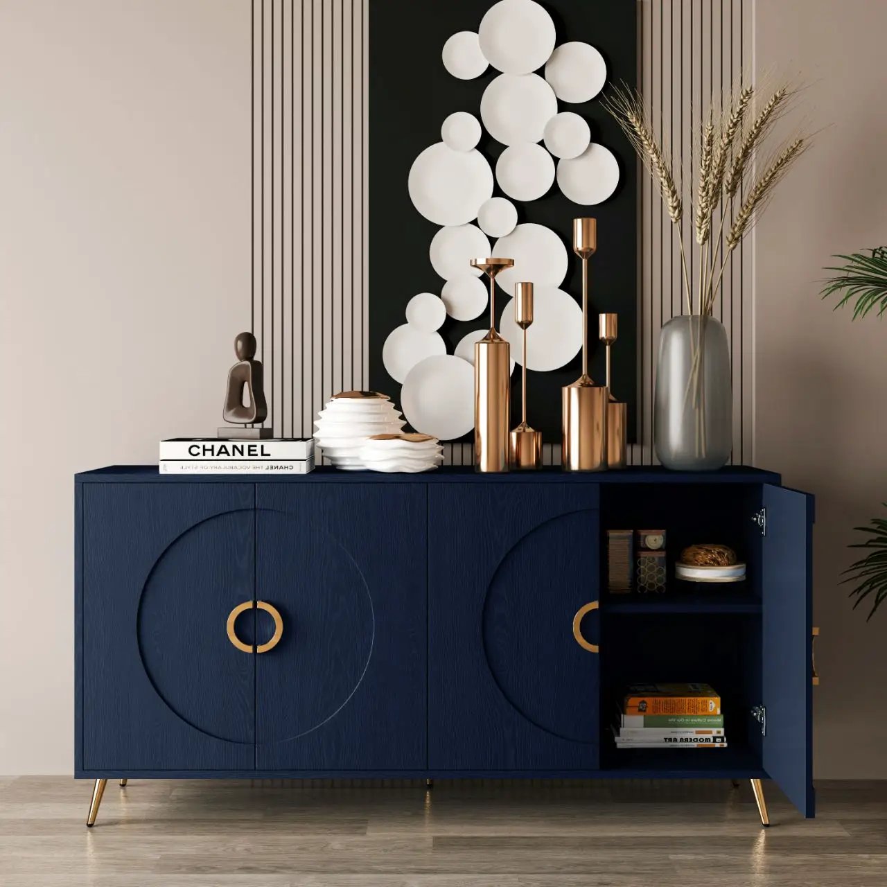 Modern Lacquered 4 Door Wooden Cabinet Sideboard Buffet Server Cabinet Storage Cabinet, For Living Room, Entryway, Hallway, Office, Kitchen And Dining Room by Unique Piece Furniture