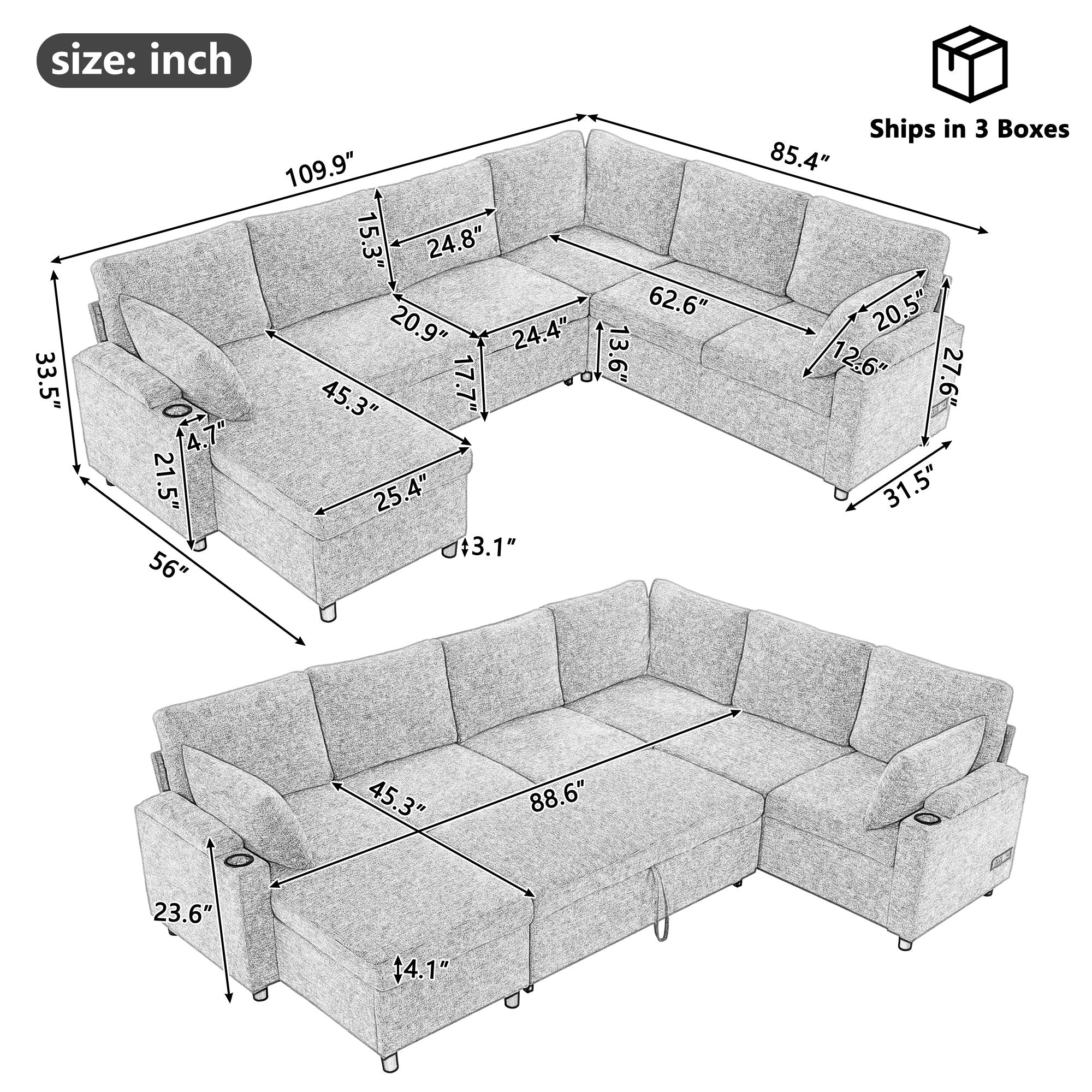 U-Shaped Sectional Sofa Bed With Storage, Charging Ports, And Cup Holders - Brown by Unique Piece Furniture