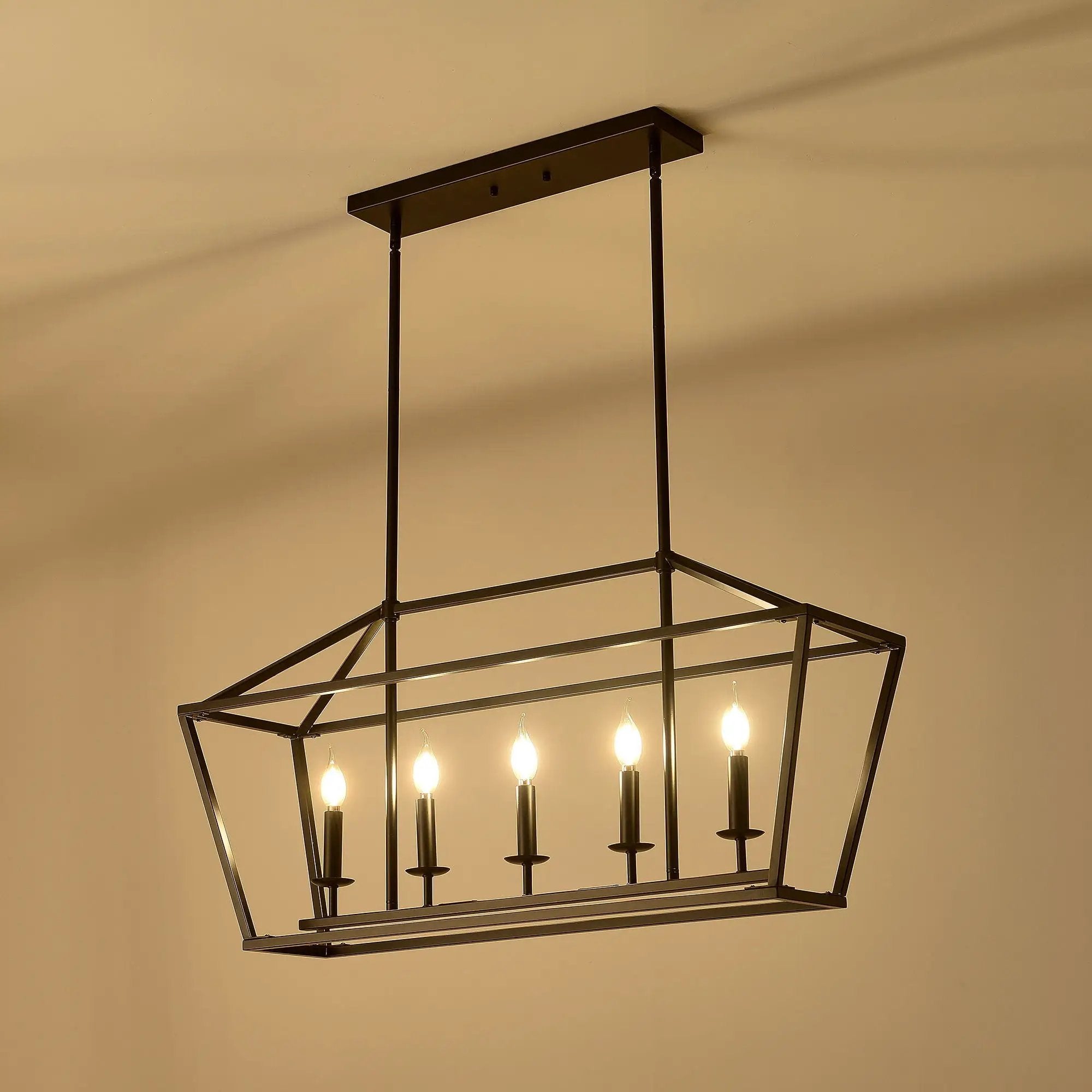 5 Light Farmhouse Kitchen Island Lighting, 5 Light Industrial Linear Chandelier For Dining Room Metal Hanging Pendant Light Fixture For Bedroom Living Room Hallway Conference Room - Matte Black by HouseOfZazla