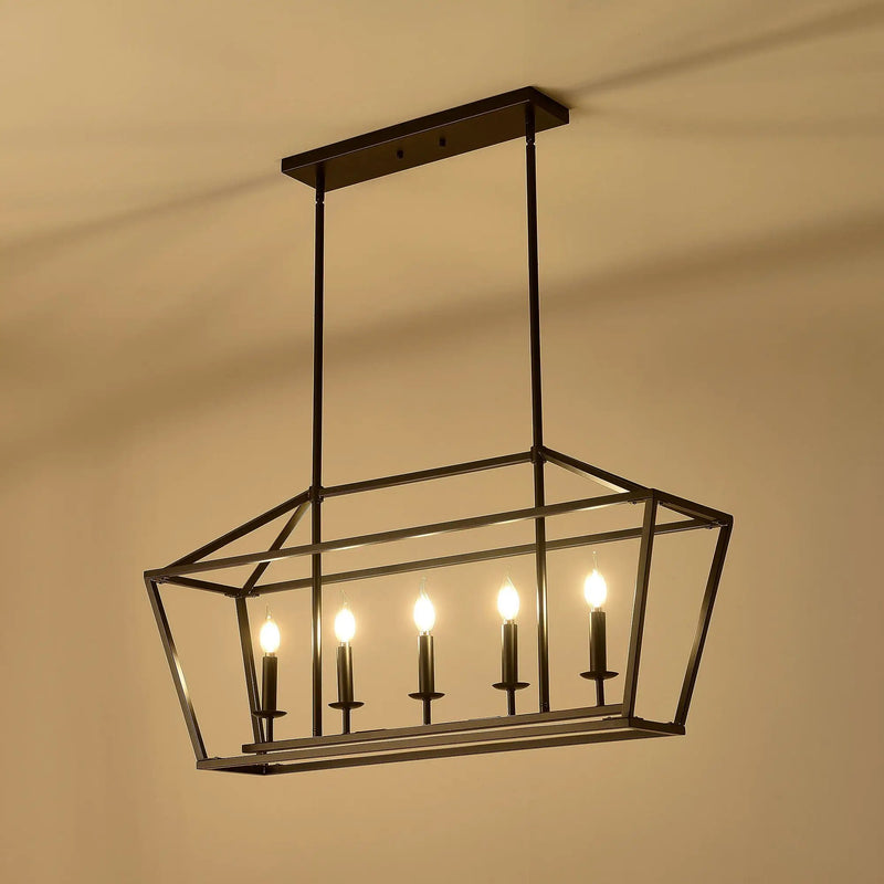 5 Light Farmhouse Kitchen Island Lighting, 5 Light Industrial Linear Chandelier For Dining Room Metal Hanging Pendant Light Fixture For Bedroom Living Room Hallway Conference Room - Matte Black by HouseOfZazla